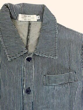 XS Red Sky Striped Jumpsuit Navy Blue White Utility Workwear Short Sleeve